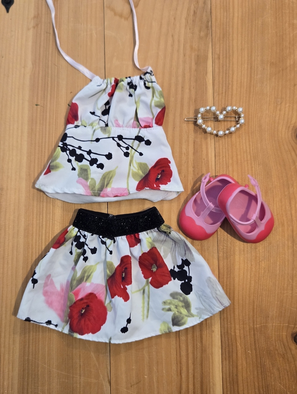 18" Doll Outfit - Floral Two-Piece Set with Red Poppy Print, Shoes & Hair Clip